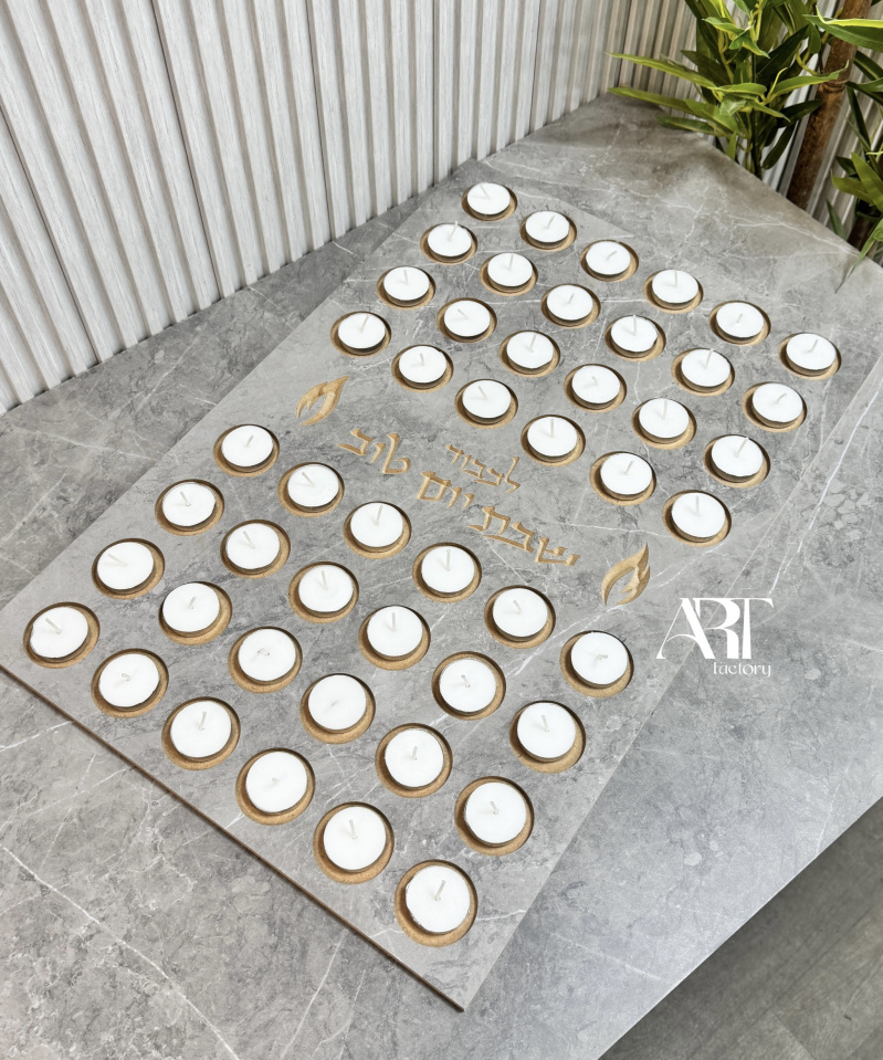 מגש נרות עץ ג'מבו ענק אפור גידים בלבן